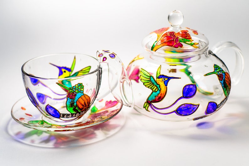 Hand Painted Hummingbird Glass Tea Set: Teapot, Cup & Saucer
