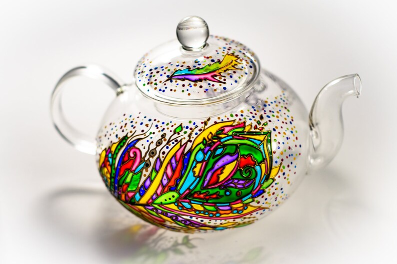 Hand Painted Glass Teapot: Feather Design, Tea Lover Gift