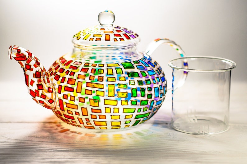 Hand Painted Glass Teapot with Infuser: Colorful Rainbow Design