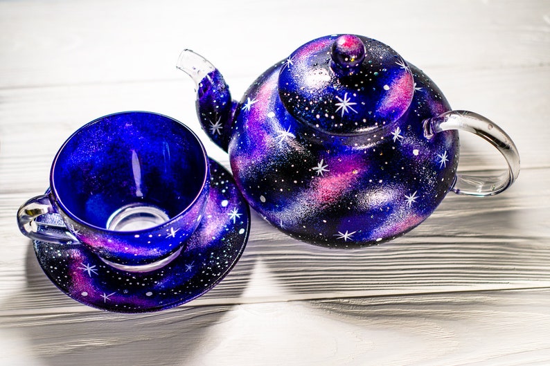 Hand Painted Celestial Glass Tea Set: Galaxy Teapot with Cup and Saucer