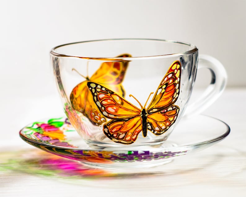 Hand Painted Butterfly Tea Set: Glass Teapot with Cups