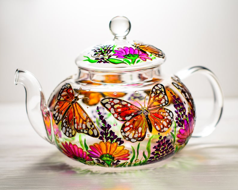 Glass Teapot Butterflies and Flowers, Hand Painted Tea Pot with Infuser, Personalized Grandma Gift