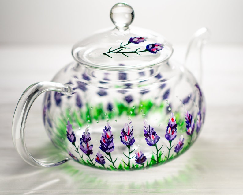 Hand-Painted Purple Flowers Glass Teapot with Infuser