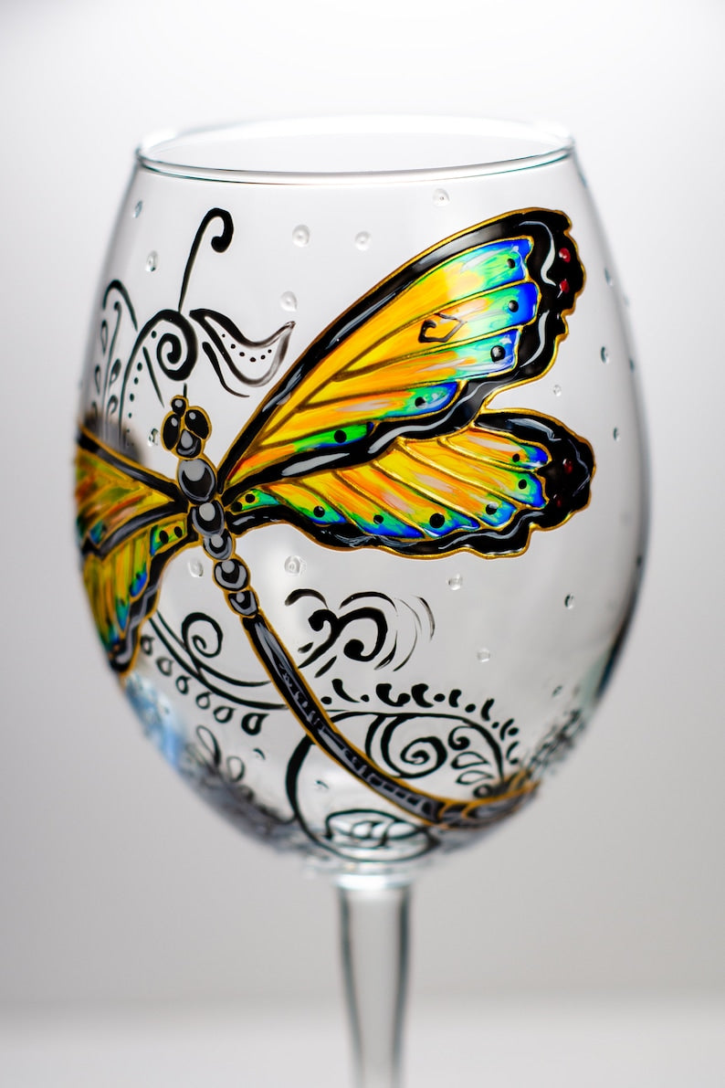 Hand Painted Dragonfly Wine Glass