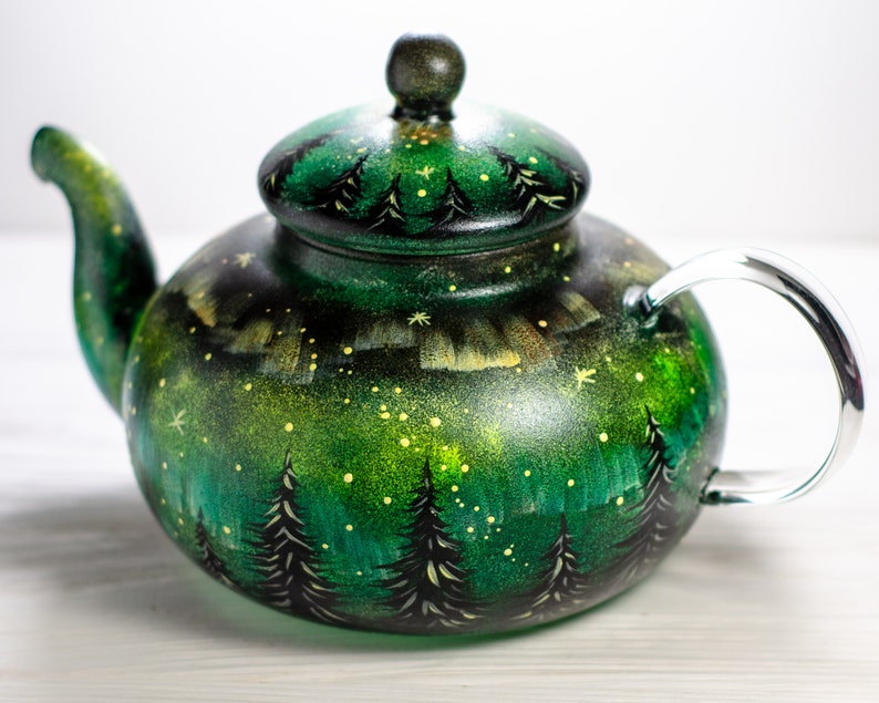 Hand Painted Aurora Borealis Teapot, Christmas Northern Lights Glass Tea Pot