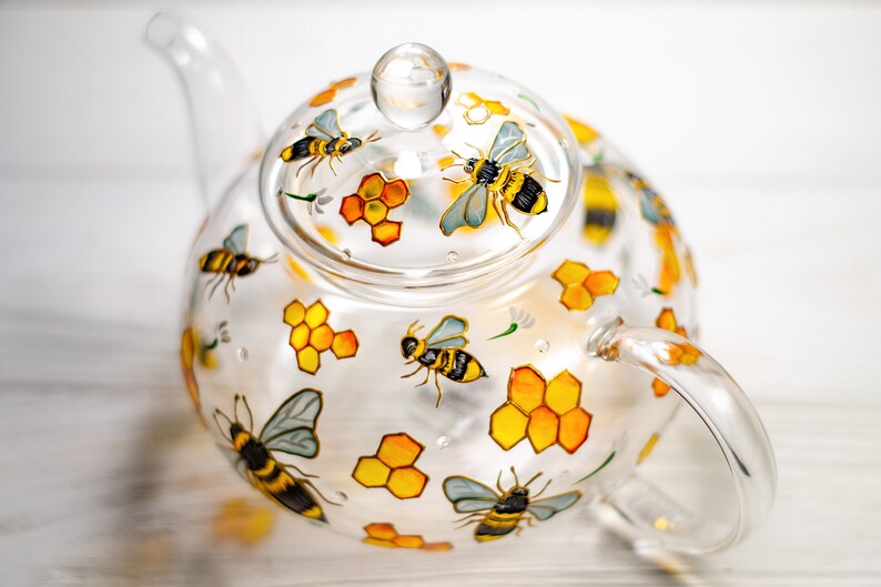 Hand Painted Bee Glass Teapot with Infuser: Honeycomb Tea Kettle