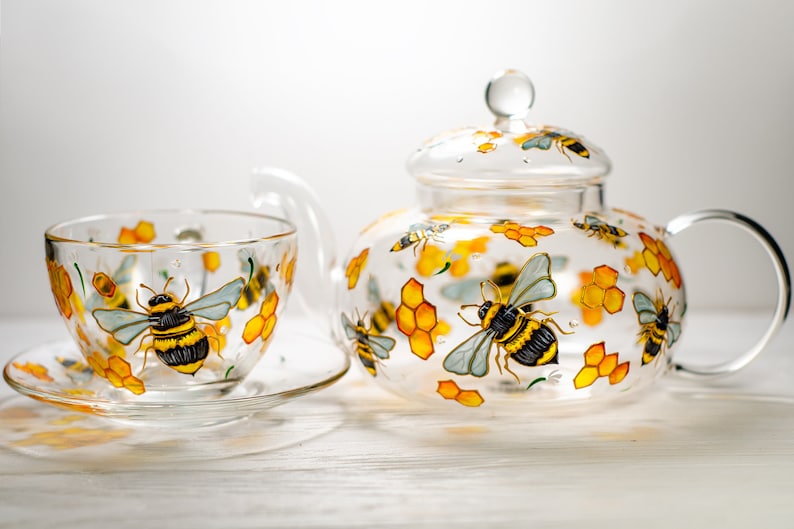 Hand Painted Glass Tea Set, Bee Teapot with Cups and Saucers, Grandma Gift