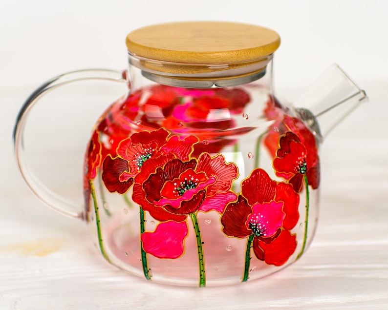 Birthday Gift for Mom, Red Poppies Teapot, Flowers Tea Pot Hand Painted