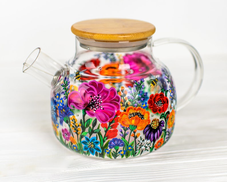 Hand Painted Wildflower Glass Teapot with Infuser: Botanical Mom Gift