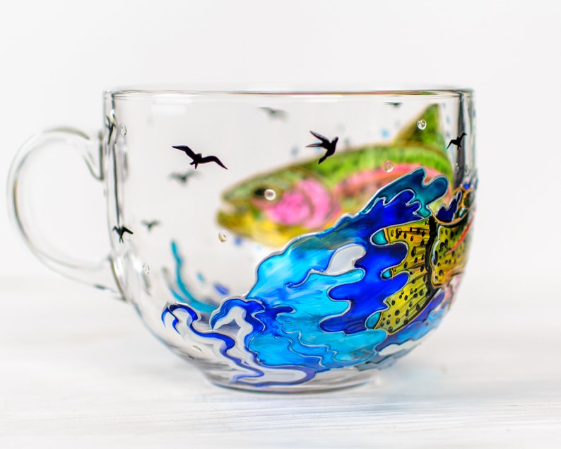 Fish Coffee Mug Handmade, Fishing gifts for Men Hand Painted Trout Fish Mug Fisherman Gift