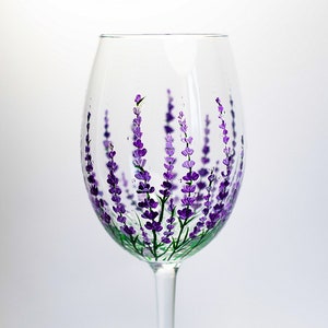 Hand Painted Lavender Wine Glass, Floral Birthday Gift