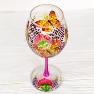 Butterfly Wine Glass: Hand Painted Birthday Gift