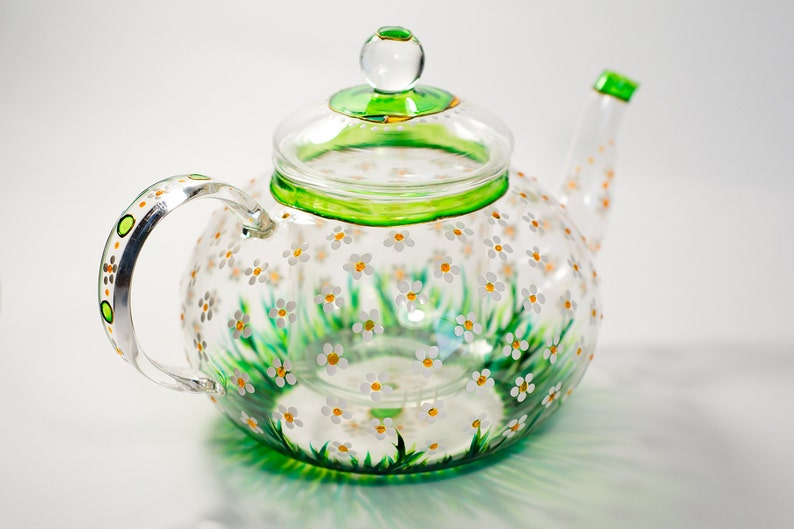 Glass Teapot with Infuser Tea kettle Floral tea pot Daisies teapot for women Hostess gift