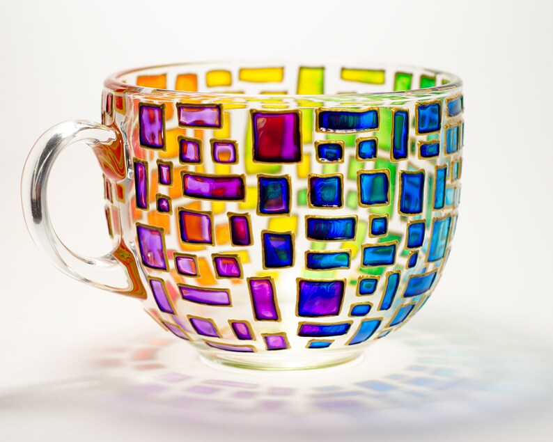 Colorful Handmade Mug, Rainbow Coffee Mug, Geometric Stained Glass Style Cup