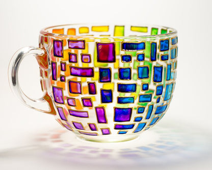 Colorful Handmade Mug, Rainbow Coffee Mug, Geometric Stained Glass Style Cup
