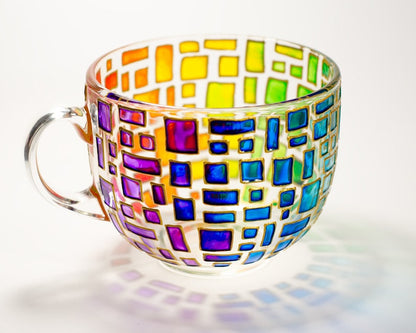 Colorful Handmade Mug, Rainbow Coffee Mug, Geometric Stained Glass Style Cup