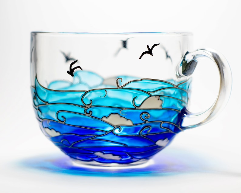 Ocean Waves Coffee Mug, Nautical Boyfriend Mug, Glass Sea Mug Handmade