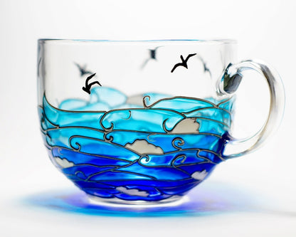 Ocean Waves Coffee Mug, Nautical Boyfriend Mug, Glass Sea Mug Handmade
