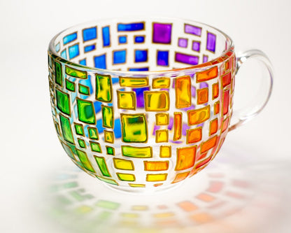 Colorful Handmade Mug, Rainbow Coffee Mug, Geometric Stained Glass Style Cup