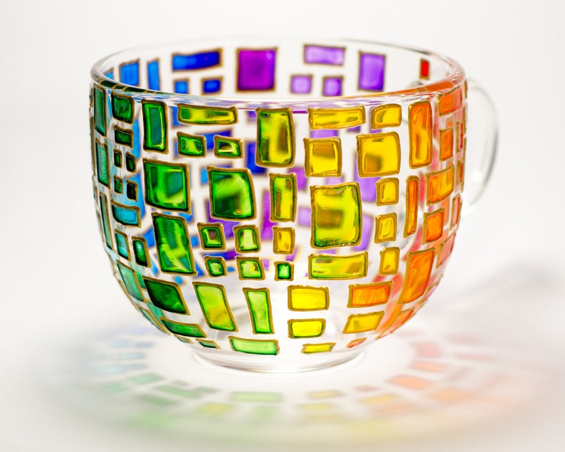Colorful Handmade Mug, Rainbow Coffee Mug, Geometric Stained Glass Style Cup