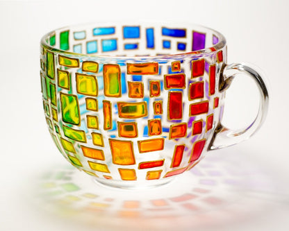 Colorful Handmade Mug, Rainbow Coffee Mug, Geometric Stained Glass Style Cup