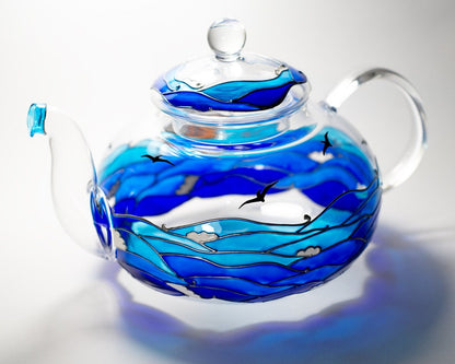 Glass Teapot Hand Painted Beach Theme Gift for Couple, Wedding Anniversary Gift for Parents