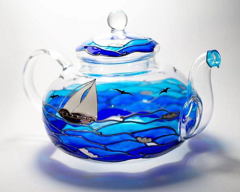 Glass Teapot Hand Painted Beach Theme Gift for Couple, Wedding Anniversary Gift for Parents