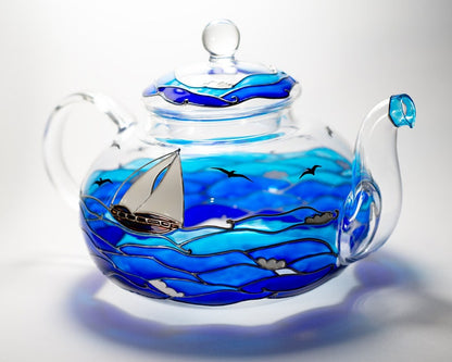 Glass Teapot Hand Painted Beach Theme Gift for Couple, Wedding Anniversary Gift for Parents