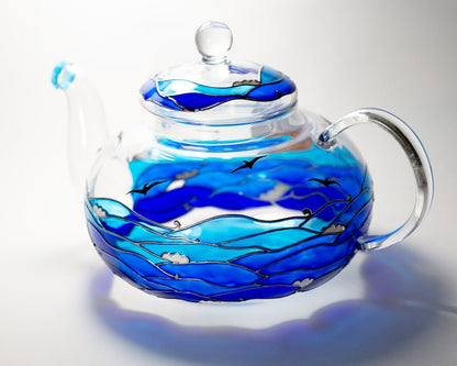 Glass Teapot Hand Painted Beach Theme Gift for Couple, Wedding Anniversary Gift for Parents