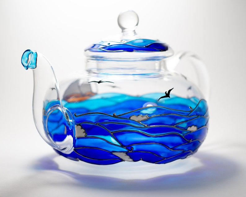 Glass Teapot Hand Painted Beach Theme Gift for Couple, Wedding Anniversary Gift for Parents