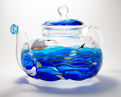 Glass Teapot Hand Painted Beach Theme Gift for Couple, Wedding Anniversary Gift for Parents