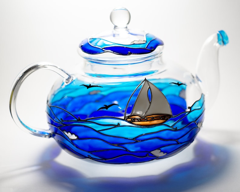 Glass Teapot Hand Painted Beach Theme Gift for Couple, Wedding Anniversary Gift for Parents