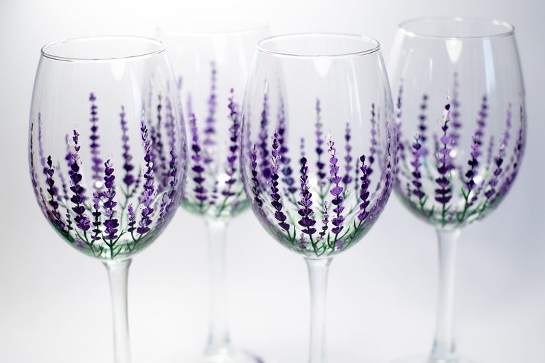Wedding Glasses Set of 4 Purple Wine Glasses Hand Painted Wedding favor
