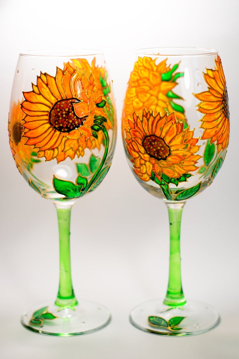 Sunflowers Wine Glasses Hand Painted Wine Glasses, Flowers Wedding Glasses, Sunflowers Wedding Gift