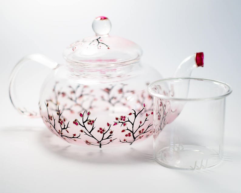 Glass Teapot Cherry Blossom, Unique Teapot Hand Painted Hostess Gift