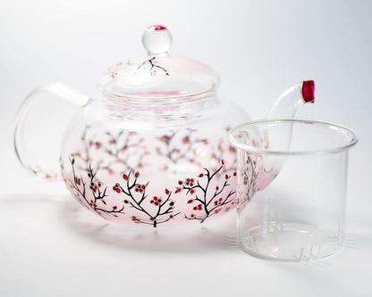 Glass Teapot Cherry Blossom, Unique Teapot Hand Painted Hostess Gift