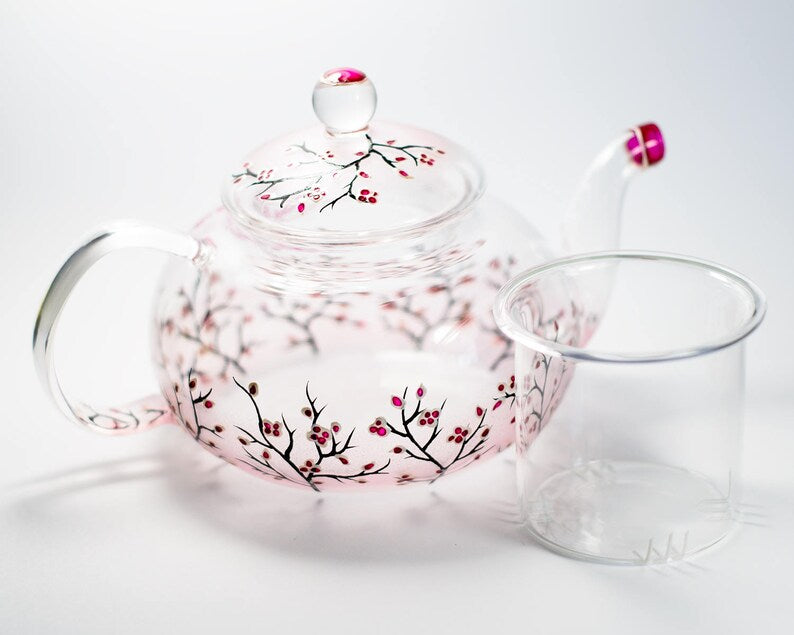 Cherry Blossom Tea Set: Hand-Painted Glass Teapot with Cups