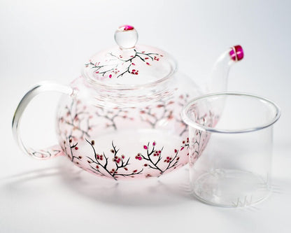Cherry Blossom Tea Set: Hand-Painted Glass Teapot with Cups