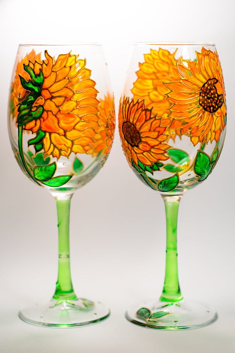 Sunflowers Wine Glasses Hand Painted Wine Glasses, Flowers Wedding Glasses, Sunflowers Wedding Gift