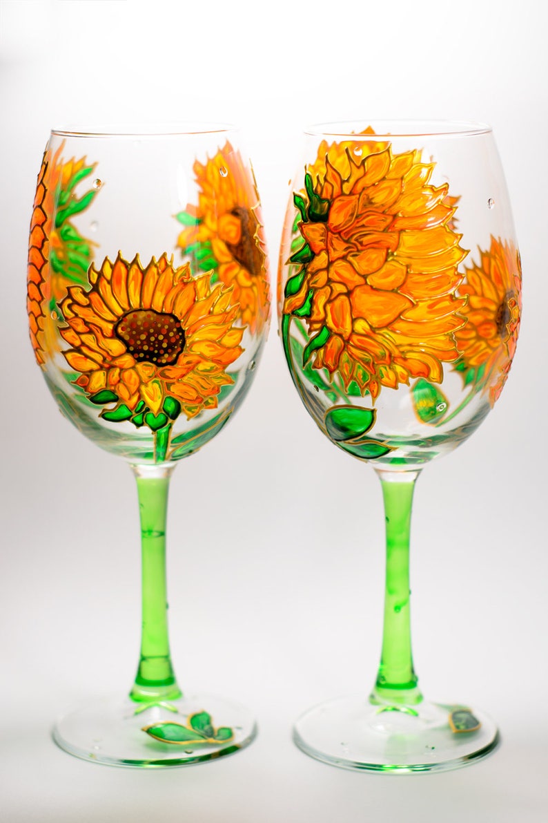 Sunflowers Wine Glasses Hand Painted Wine Glasses, Flowers Wedding Glasses, Sunflowers Wedding Gift