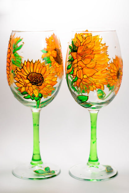 Sunflowers Wine Glasses Hand Painted Wine Glasses, Flowers Wedding Glasses, Sunflowers Wedding Gift
