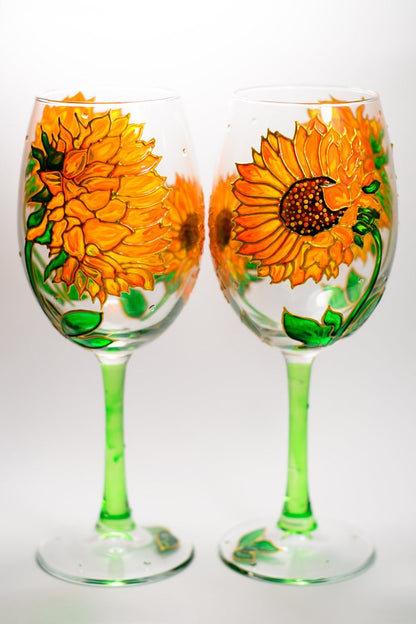 Sunflowers Wine Glasses Hand Painted Wine Glasses, Flowers Wedding Glasses, Sunflowers Wedding Gift