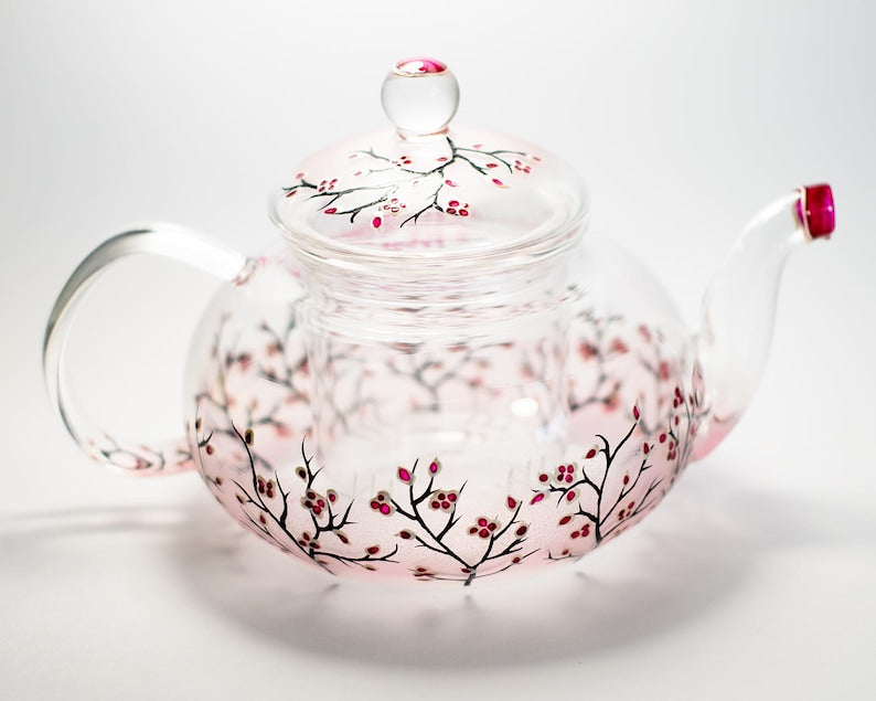 Glass Teapot Cherry Blossom, Unique Teapot Hand Painted Hostess Gift