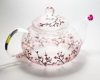 Glass Teapot Cherry Blossom, Unique Teapot Hand Painted Hostess Gift