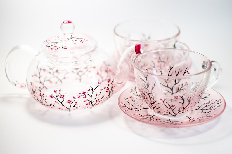 Cherry Blossom Tea Set: Hand-Painted Glass Teapot with Cups
