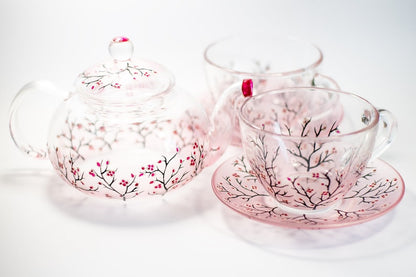 Cherry Blossom Tea Set: Hand-Painted Glass Teapot with Cups