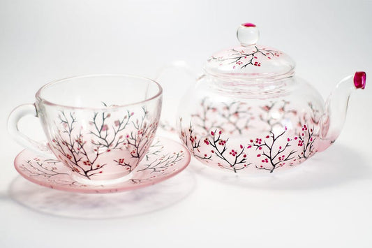 Cherry Blossom Glass Tea Set: Teapot with Cup and Saucer