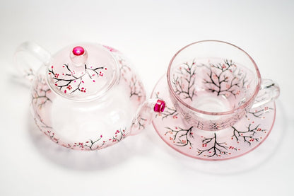 Cherry Blossom Glass Tea Set: Teapot with Cup and Saucer