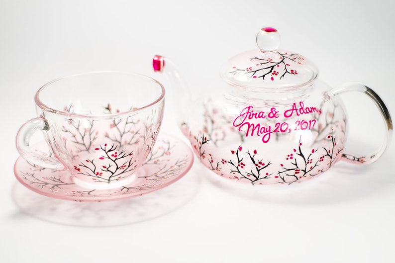 Cherry Blossom Tea Set: Hand-Painted Glass Teapot with Cups