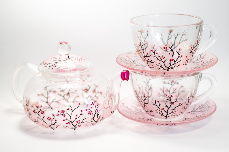 Cherry Blossom Tea Set: Hand-Painted Glass Teapot with Cups